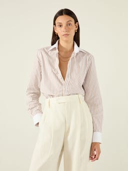 The Boyfriend Contrast: Fine poplin, latte stripe Shirts With Nothing Underneath    - Collagerie