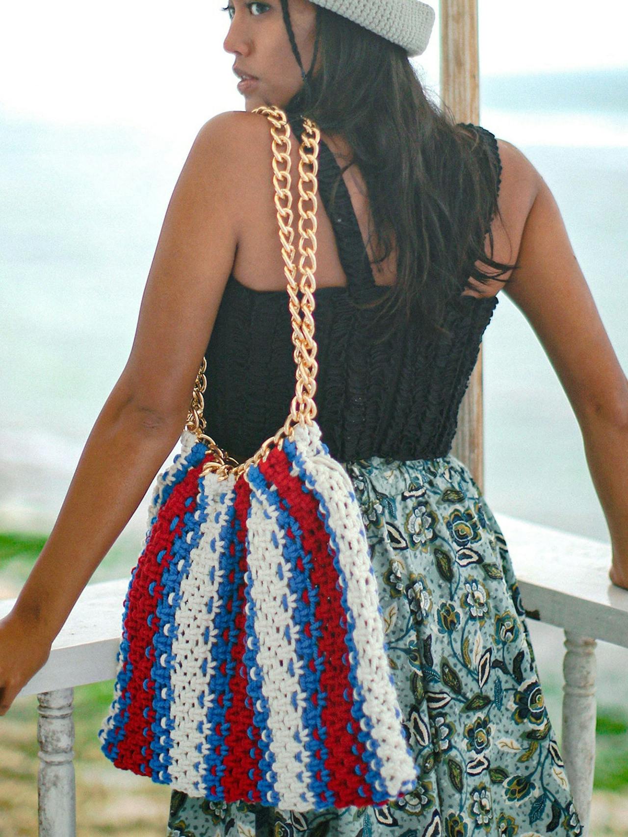 Colette macrame beach bag in red, white and blue Tote Bag BrunnaCo    - Collagerie