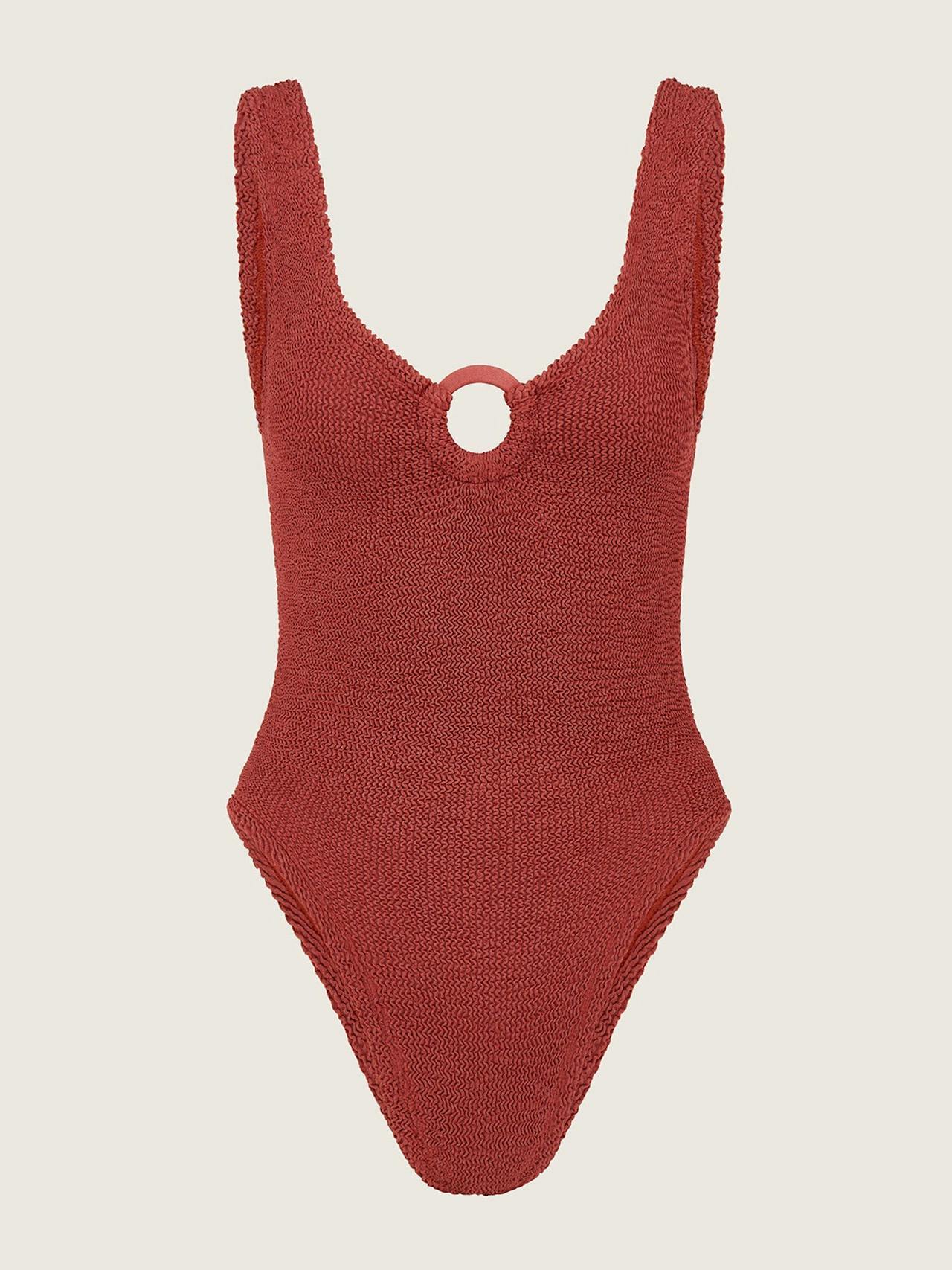 Metallic rosewood coverage Celine swimsuit with fabric covered hoops