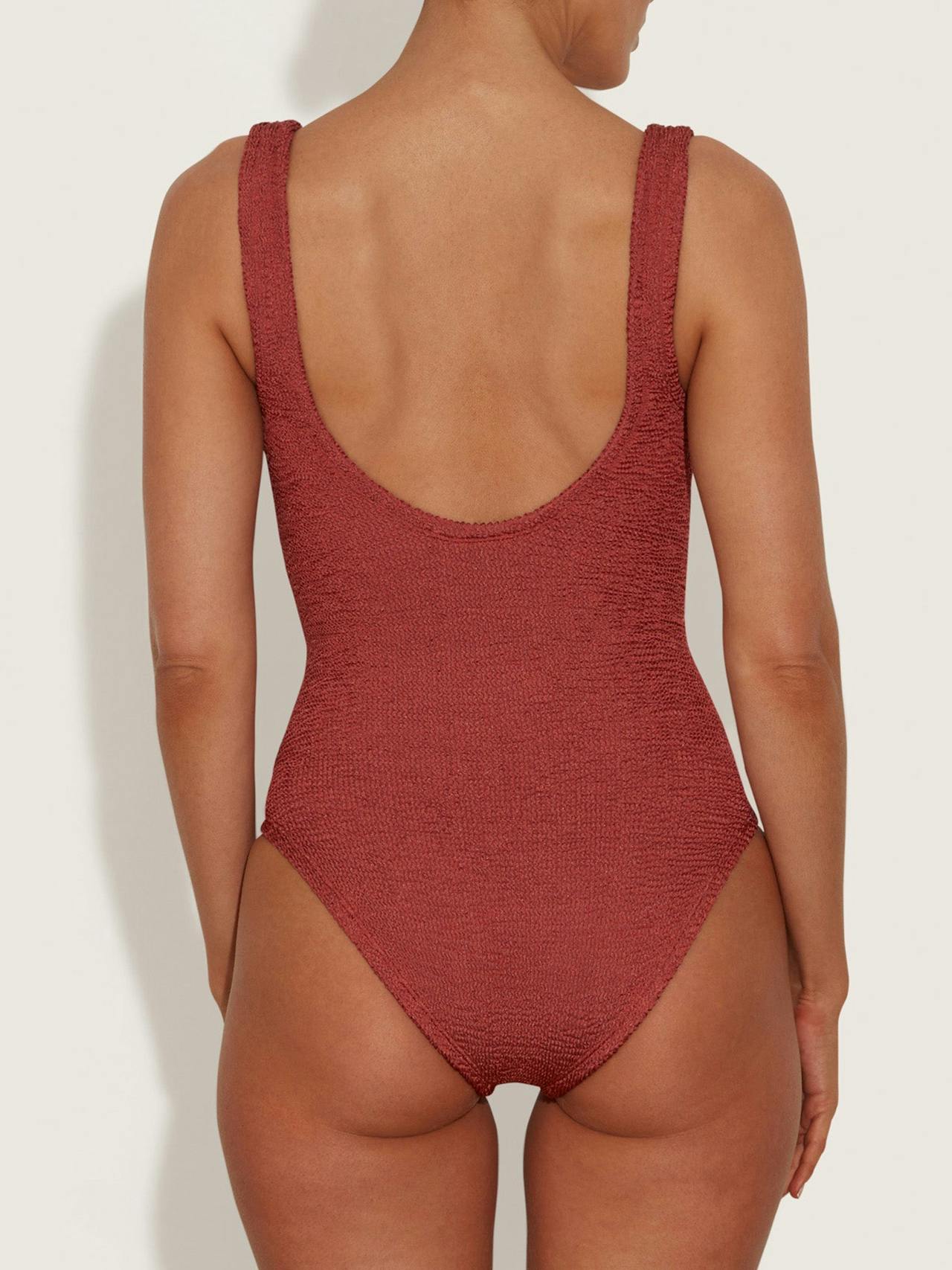 Metallic rosewood coverage Celine swimsuit with fabric covered hoops Swimsuit Hunza G    - Collagerie