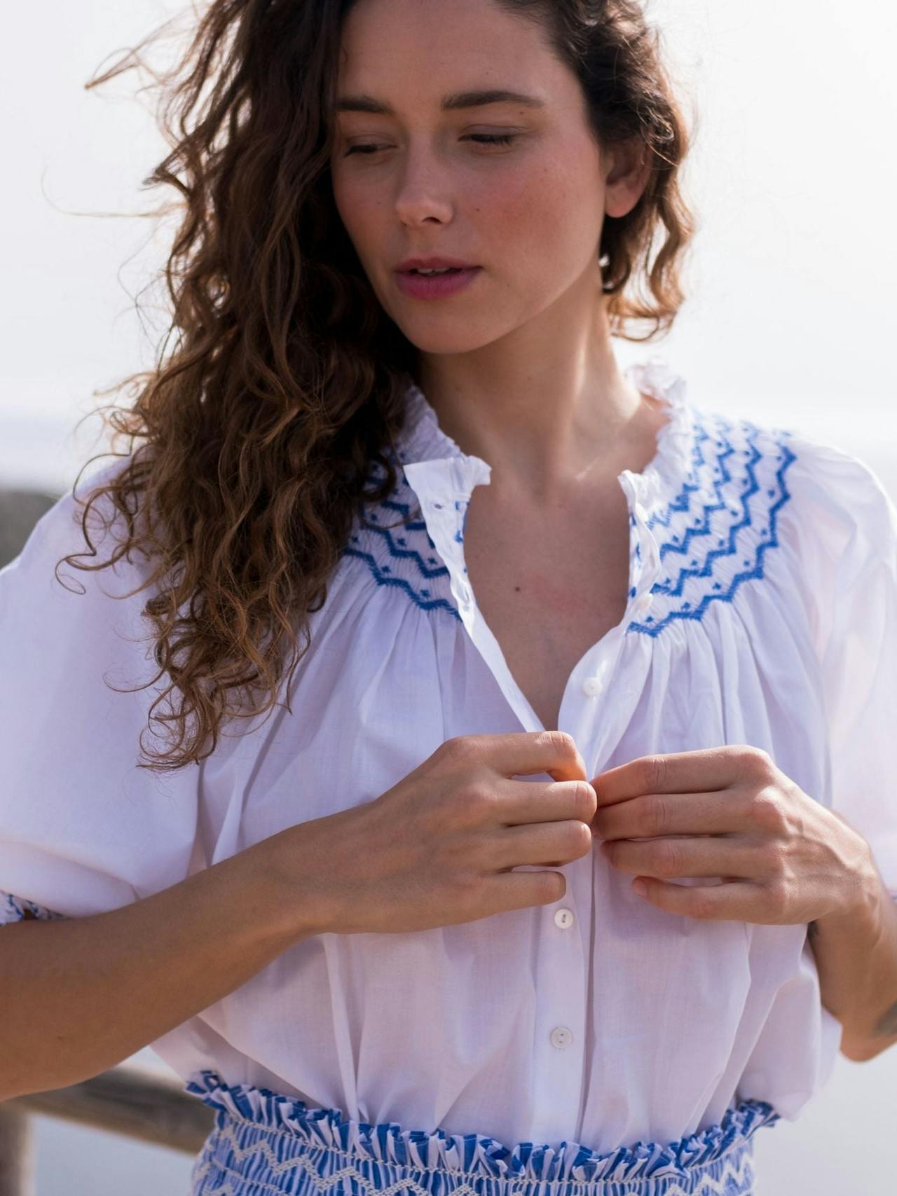 Cleopatra blouse white with sapphire hand smocking  edition 8  Smock London    - Collagerie