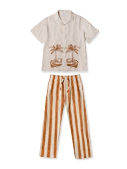 Men’s cuban long sleeve and trouser pyjama set croc/feluka cream/bronze linen Men’s Cuban Long Sleeve and Trouser Pyjama Set Desmond & Dempsey    - Collagerie