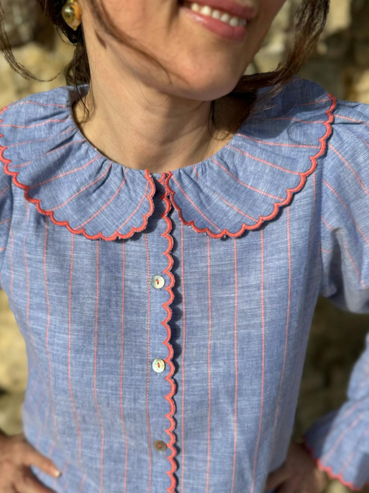 De Beauvoir blouse sunset at sea stripe with lollipop embroidery  Smock London    - Collagerie