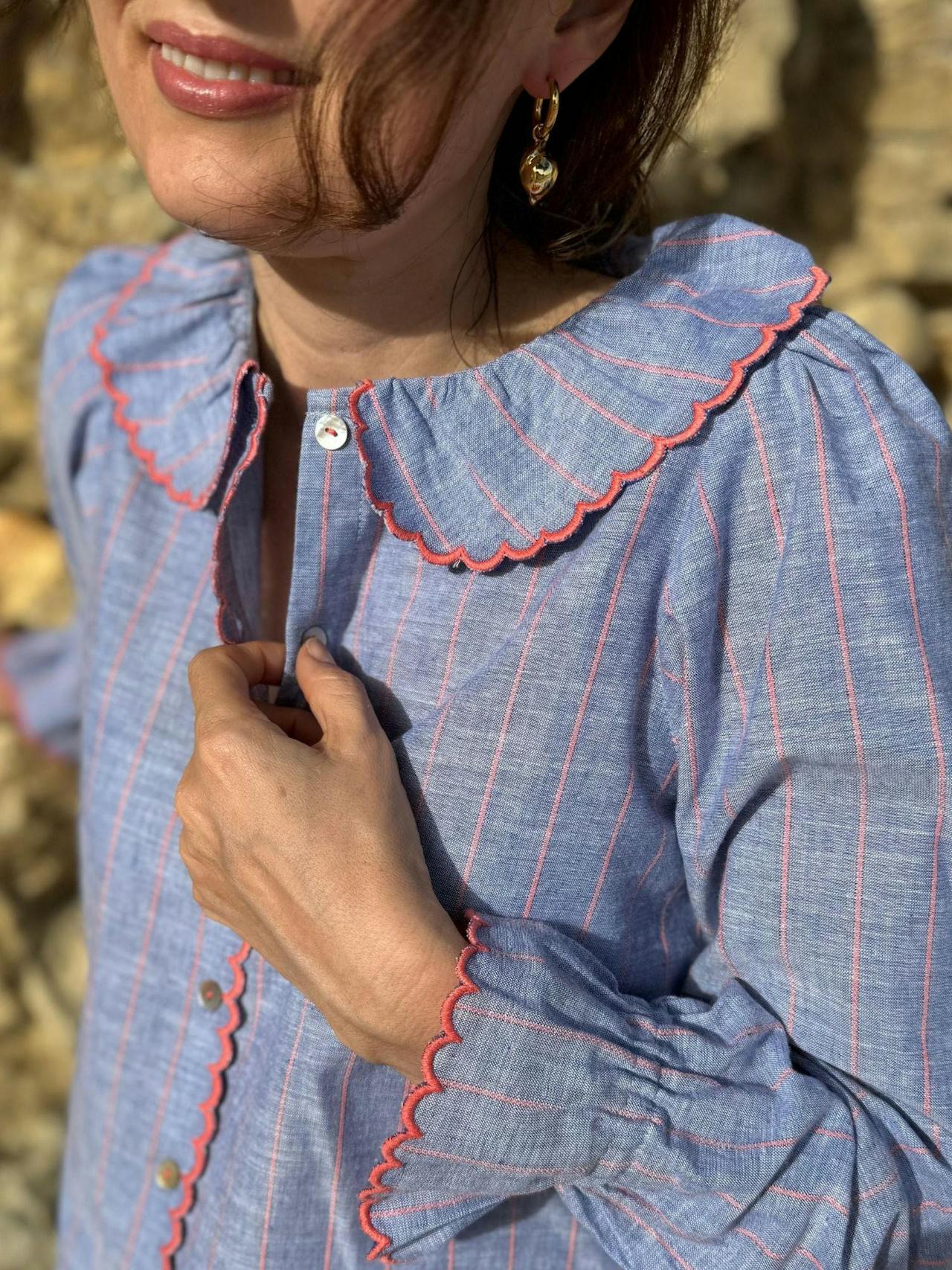 De Beauvoir blouse sunset at sea stripe with lollipop embroidery  Smock London    - Collagerie