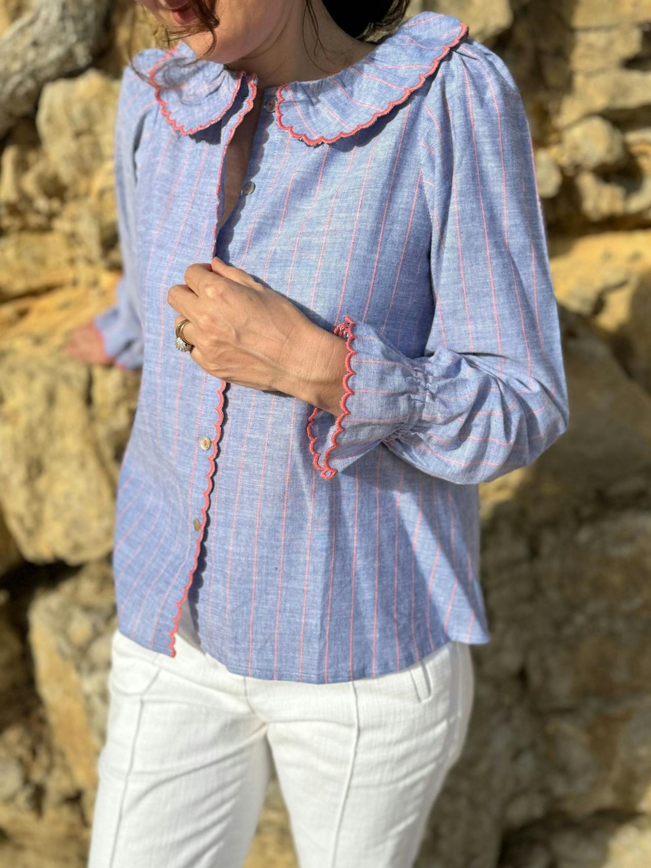 De Beauvoir blouse sunset at sea stripe with lollipop embroidery  Smock London    - Collagerie