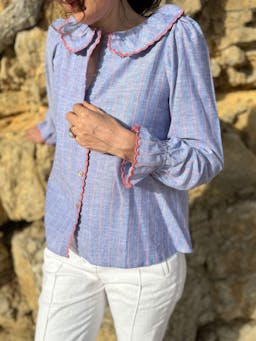 De Beauvoir blouse sunset at sea stripe with lollipop embroidery  Smock London    - Collagerie