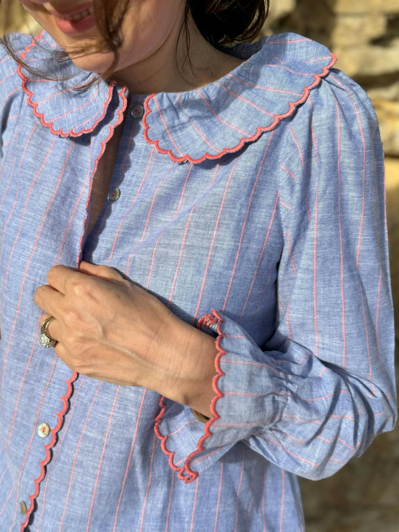 De Beauvoir blouse sunset at sea stripe with lollipop embroidery  Smock London    - Collagerie