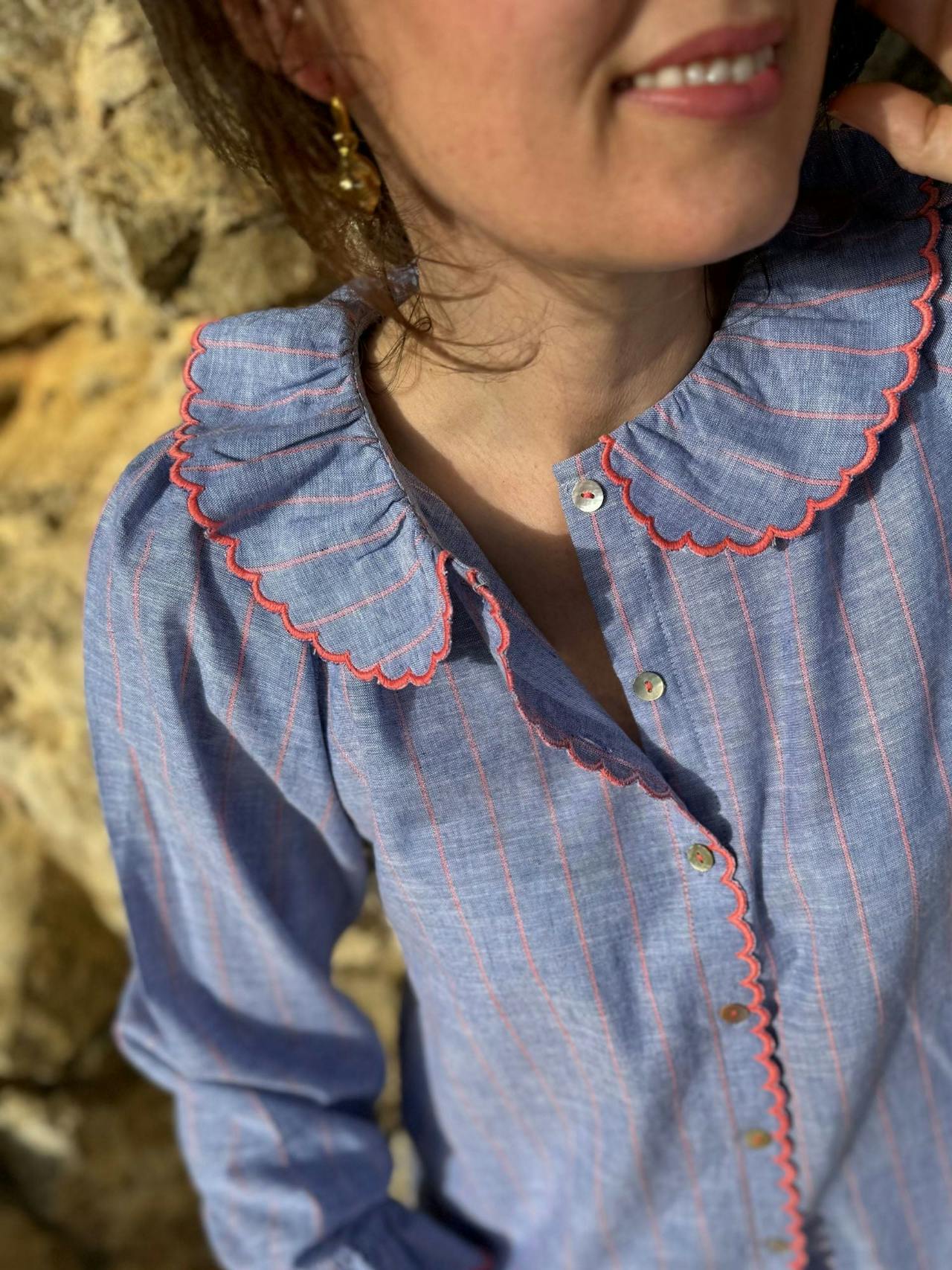 De Beauvoir blouse sunset at sea stripe with lollipop embroidery  Smock London    - Collagerie