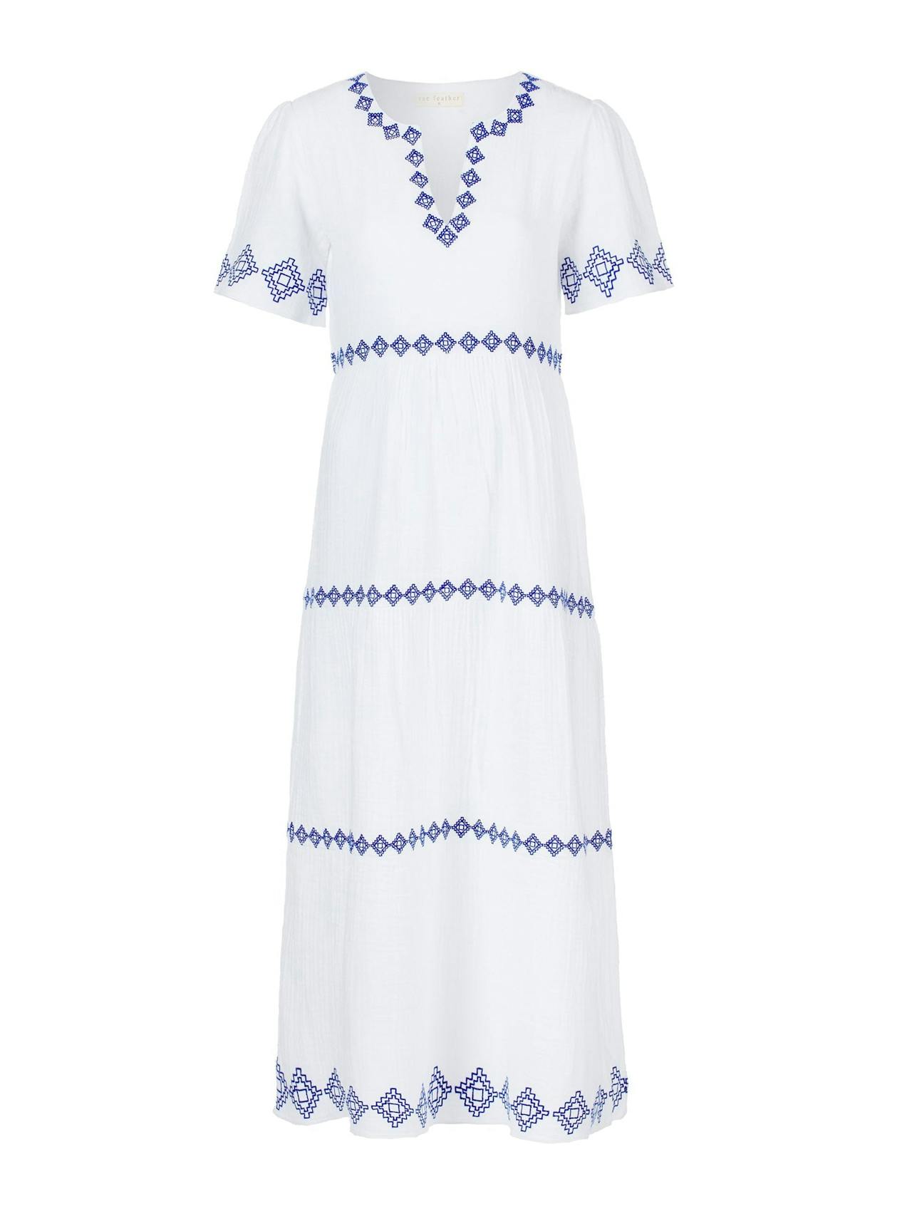 White and blue Mykonos embroidery tunic dress