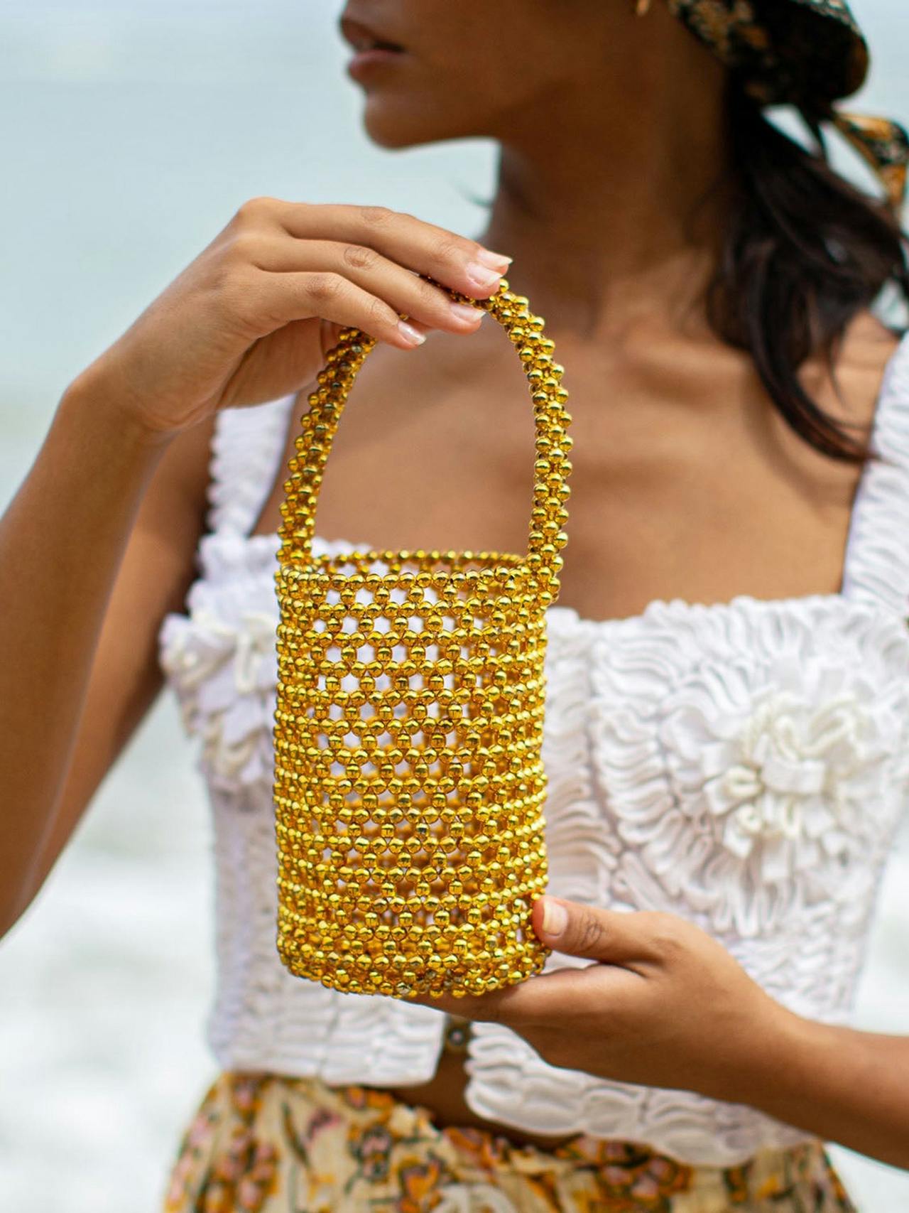 Golda metallic beads bucket bag in gold Tote Bag BrunnaCo    - Collagerie