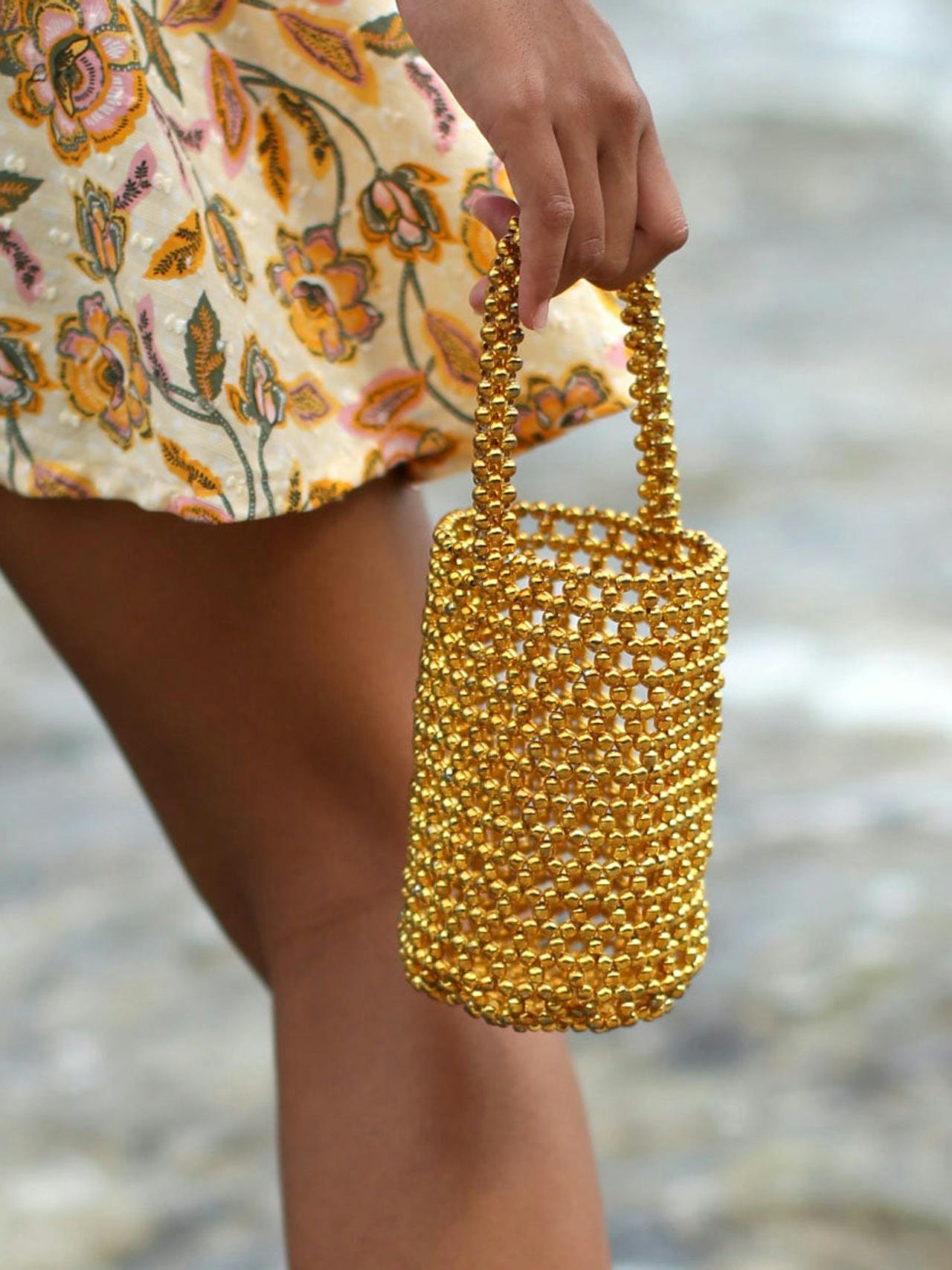 Golda metallic beads bucket bag in gold Tote Bag BrunnaCo    - Collagerie