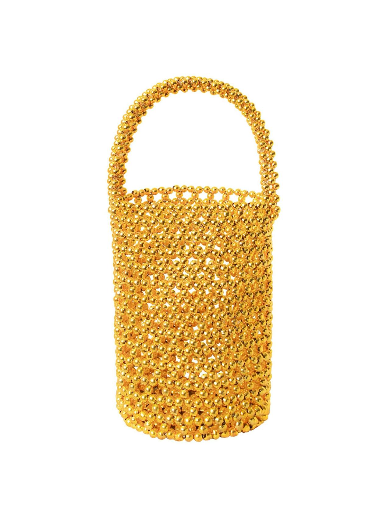 Golda metallic beads bucket bag in gold