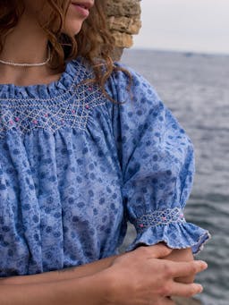 Grace darling dress flower power chambray with opaline hand smocking  Smock London    - Collagerie