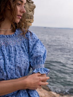 Grace darling dress flower power chambray with opaline hand smocking  Smock London    - Collagerie