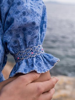 Grace darling dress flower power chambray with opaline hand smocking  Smock London    - Collagerie