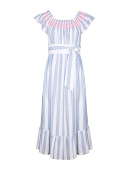 Grace darling dress wide boy blue linen with hey barbie hand smocking  Smock London    - Collagerie