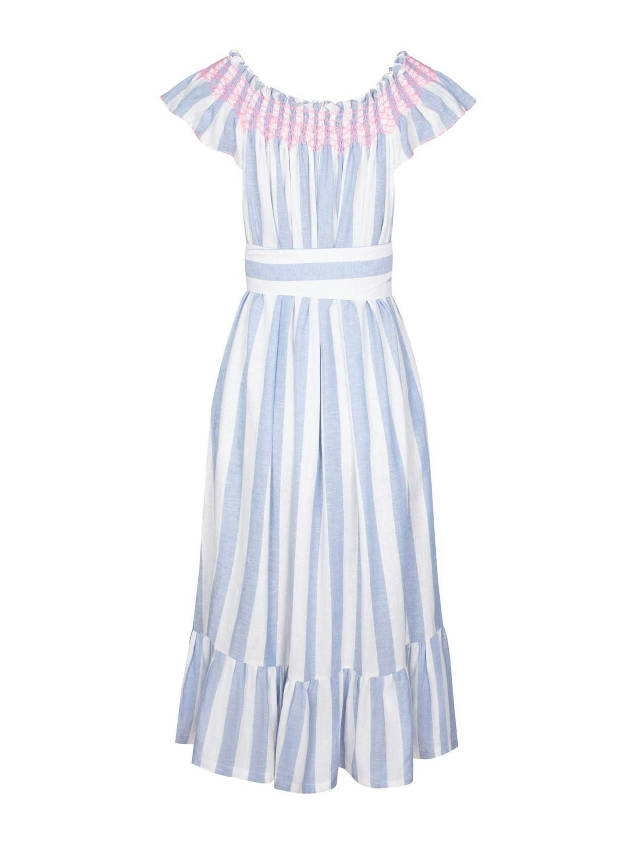 Grace darling dress wide boy blue linen with hey barbie hand smocking  Smock London    - Collagerie