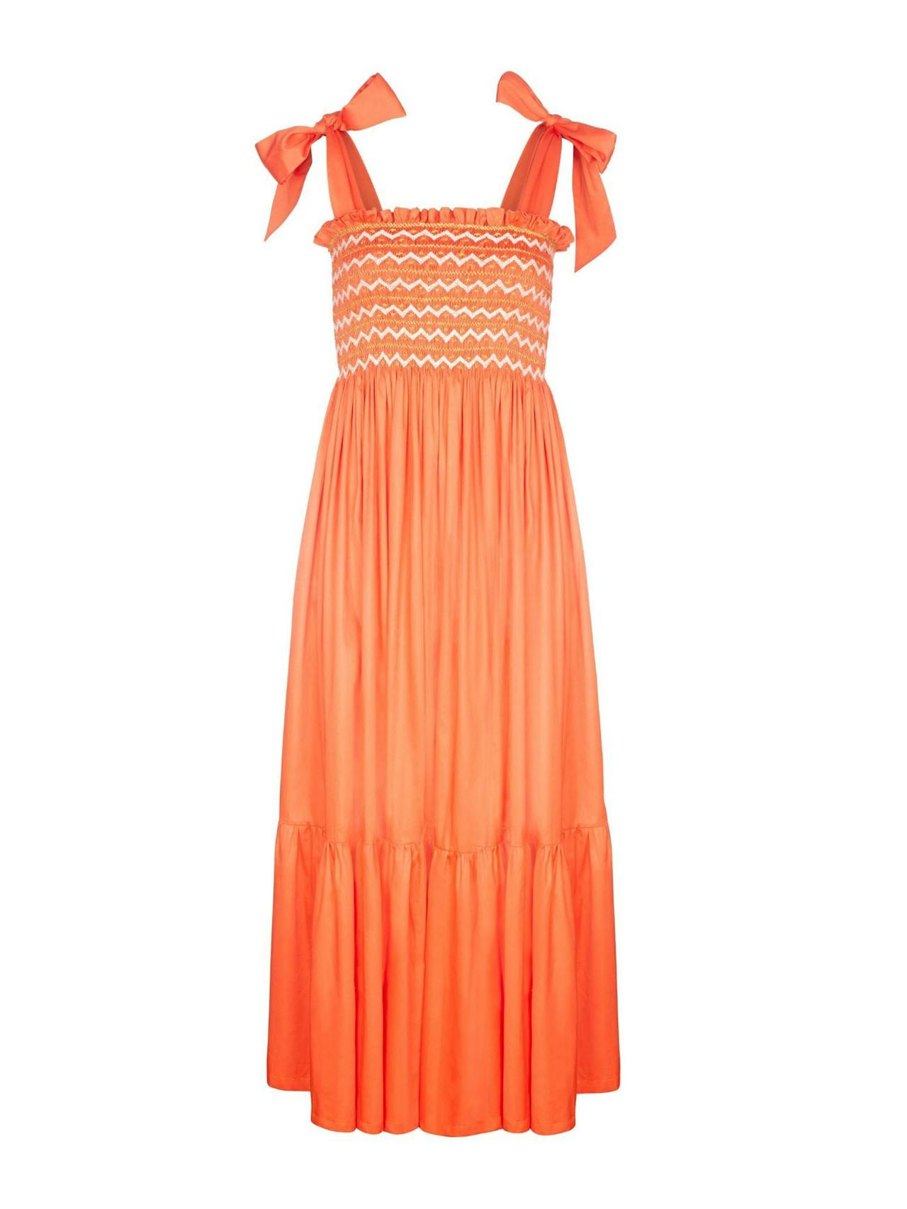 Grace Hopper tangerine dreams dress with gold hand smocking
