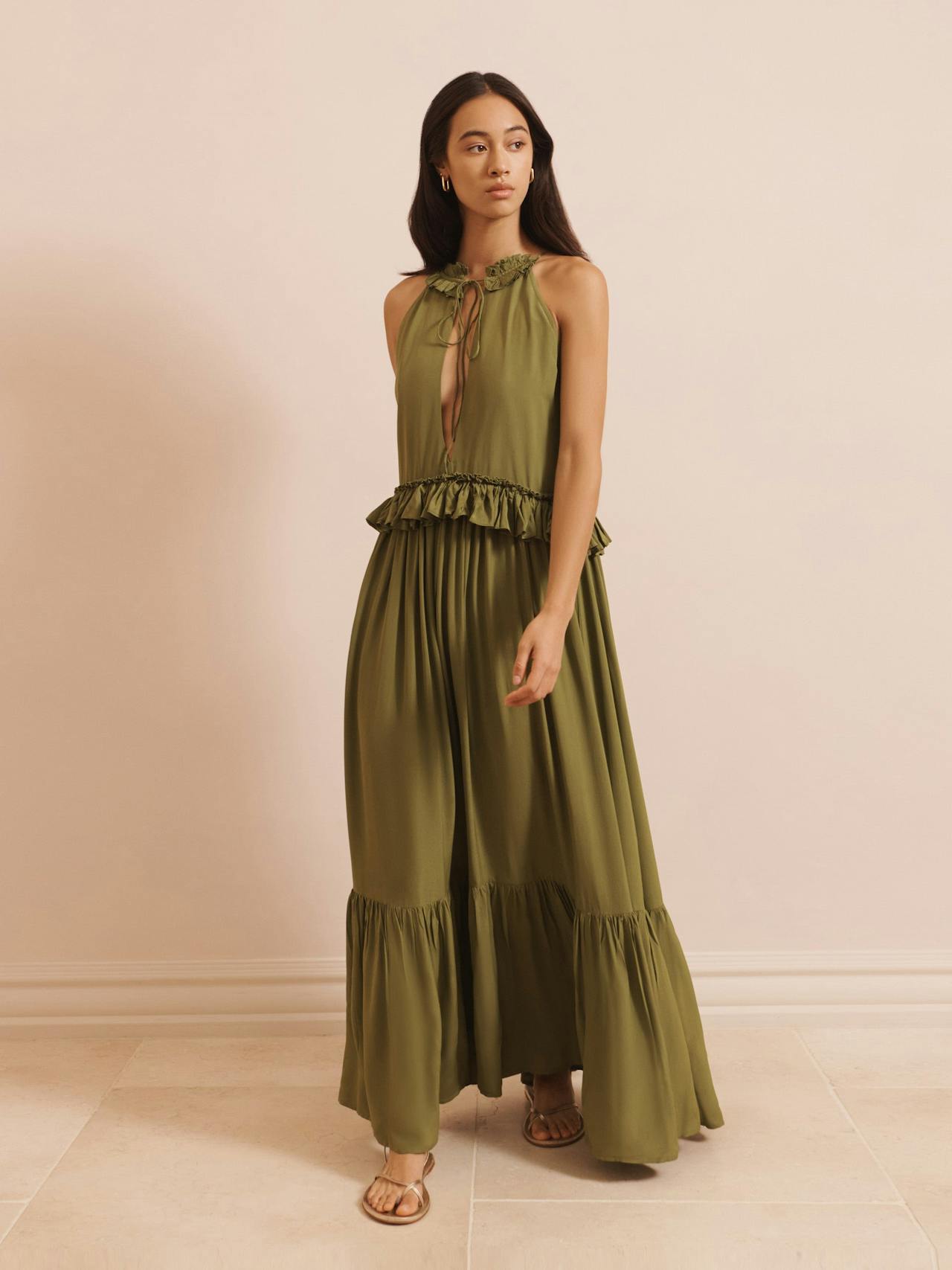 Alegra dress in crepe de chine avocado green DRESSES Evarae    - Collagerie