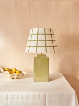 Mossy green gingham lampshade Interiors Hum London    - Collagerie