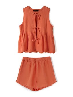 Pleated cami top and shorts set coral linen Pleated Cami Top and Shorts Set Desmond & Dempsey    - Collagerie