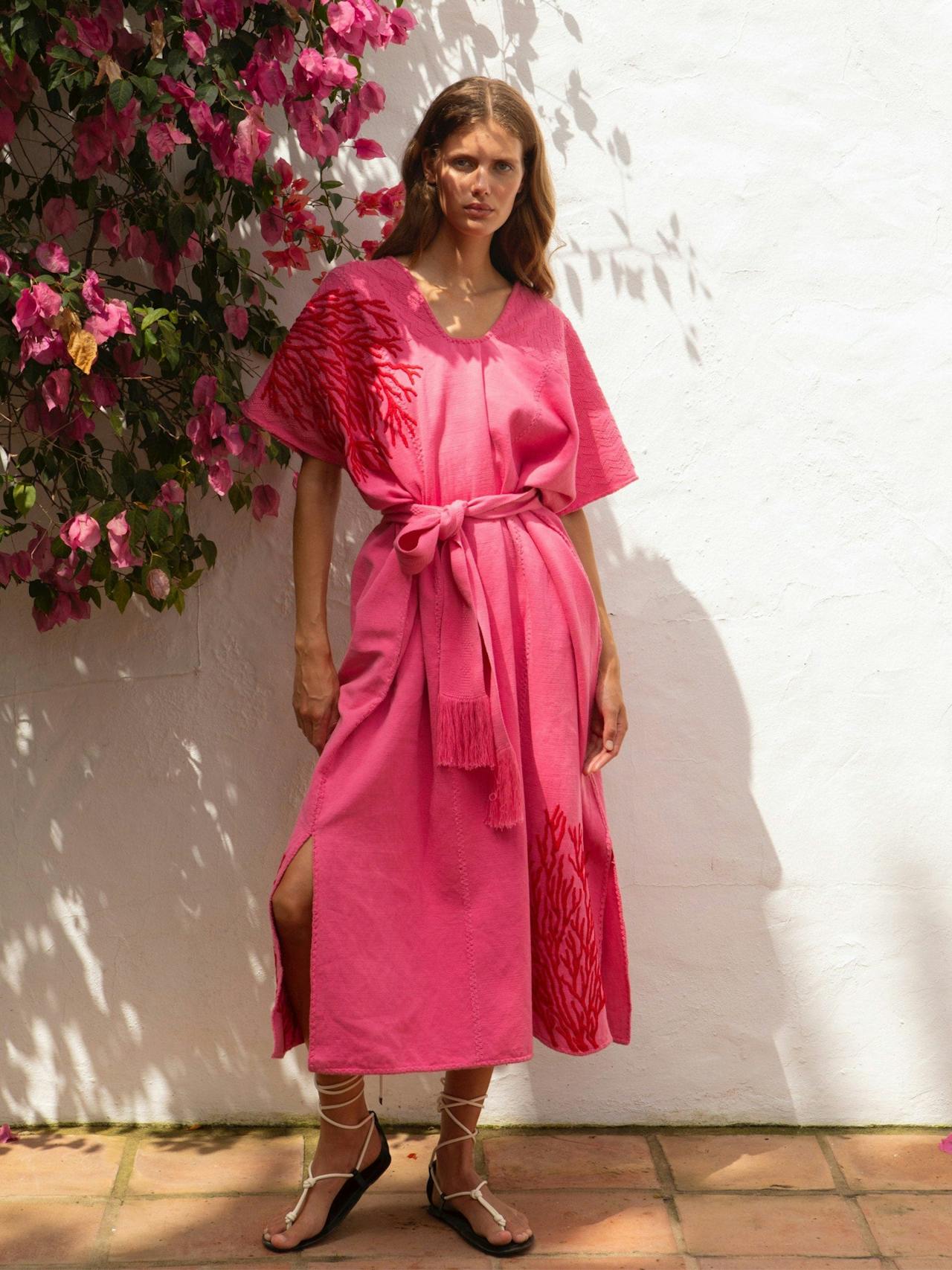 Pink embroidered coral midi kaftan Clothing Pippa Holt    - Collagerie