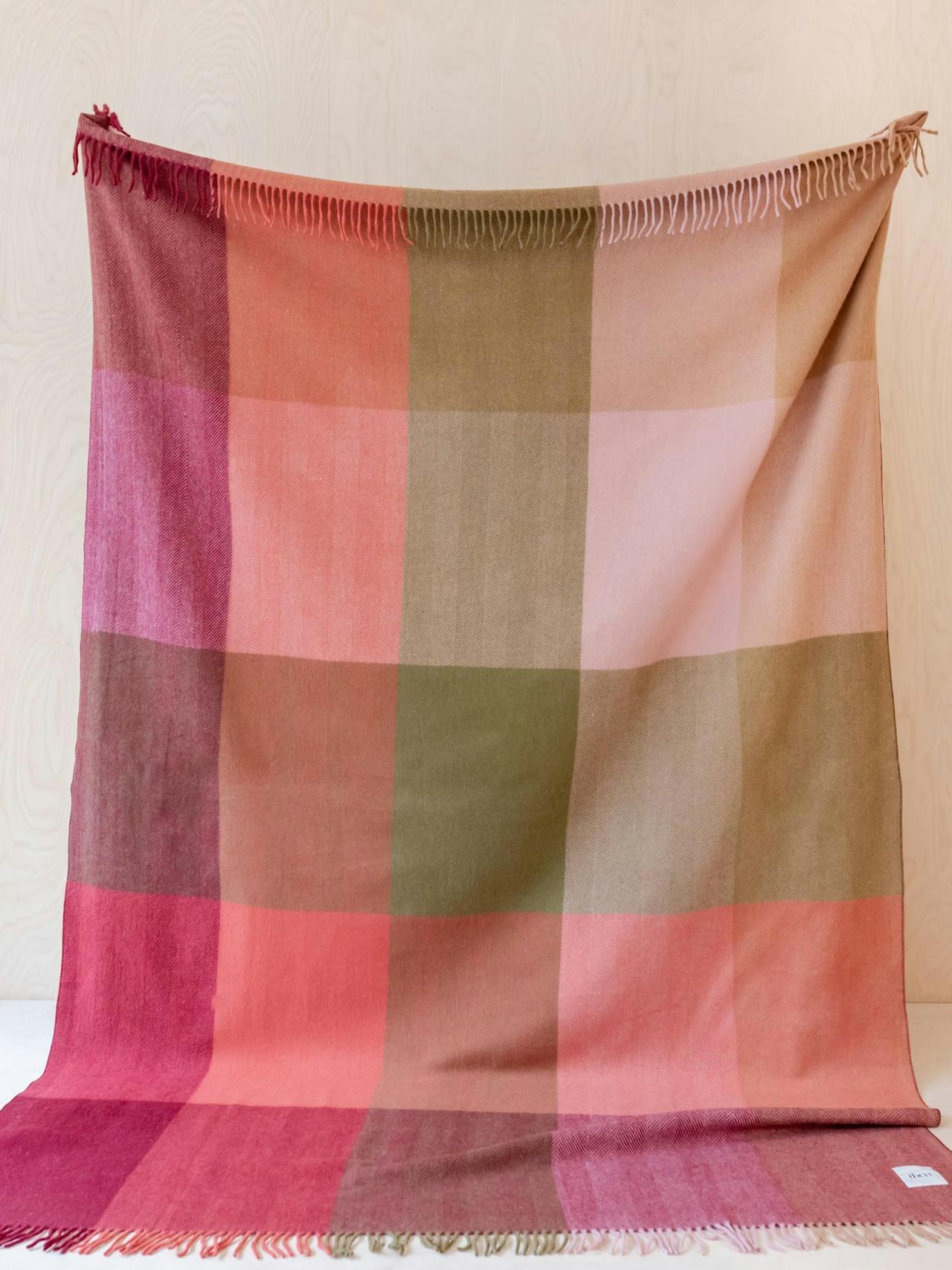 Recycled wool extra large blanket in pink herringbone block check