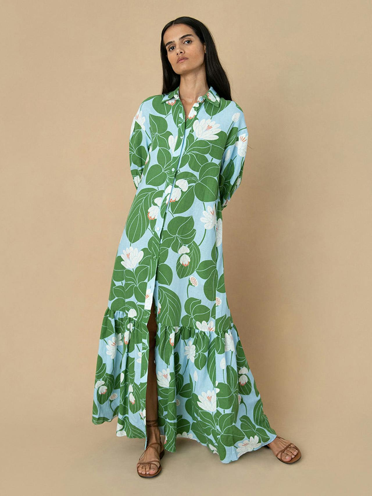 Waterlily green linen Bianca maxi dress Clothing Borgo De Nor    - Collagerie