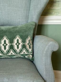 Velvet embroidered Tara cushion in Forest Green Interiors Birdie Fortescue    - Collagerie