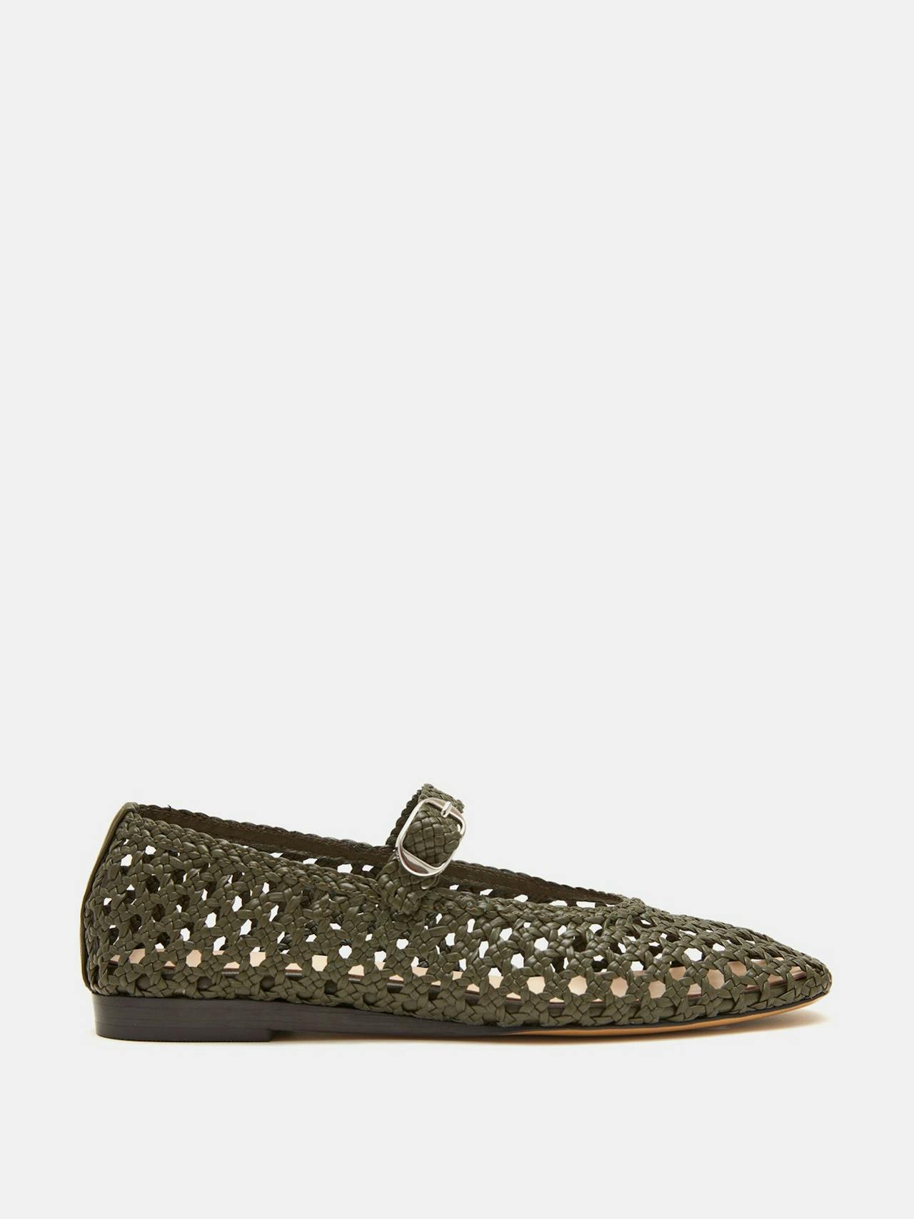 Green leather woven Mary Jane flats