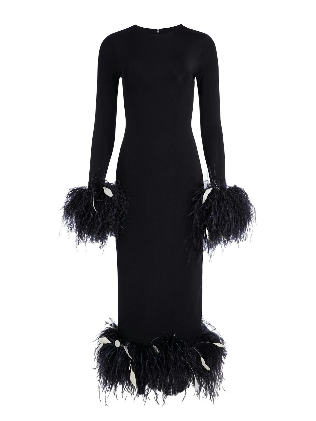 Black long sleeve Aretha midi dress with feather trim
