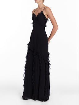 Contessa black crinkle chiffon ruffle gown GOWN Markarian    - Collagerie