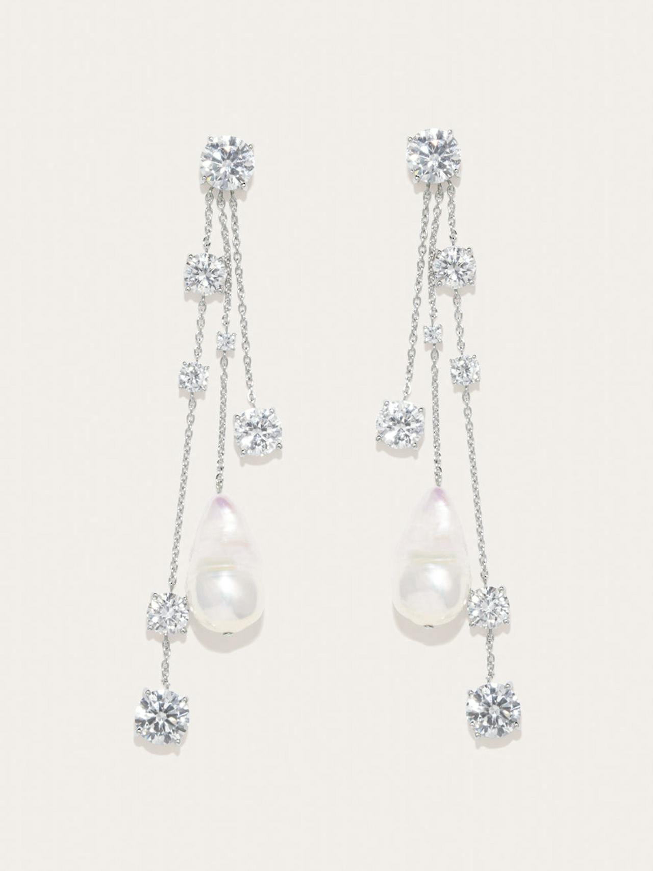 Drop pearl and zirconia rhodium plated earrings