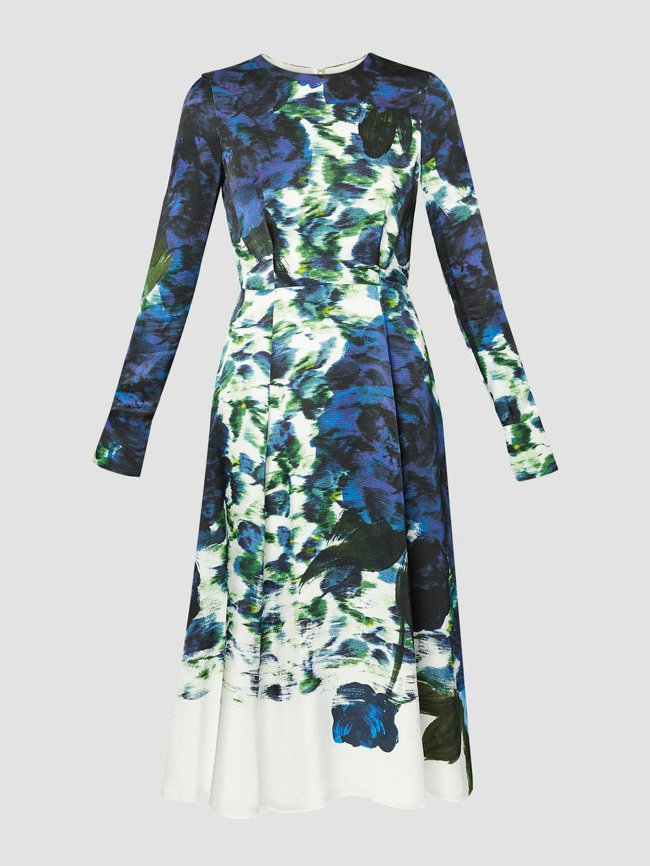 Long sleeve midi dress in inky print