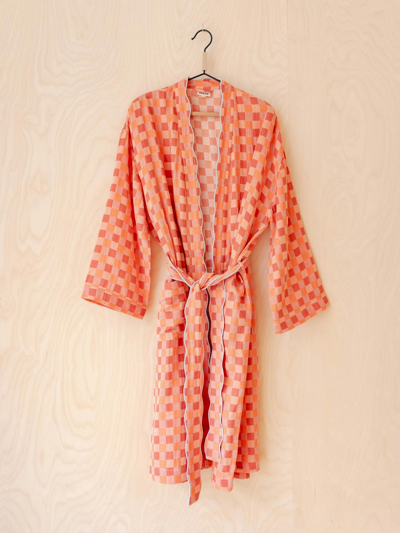 Cotton robe in apricot checkerboard