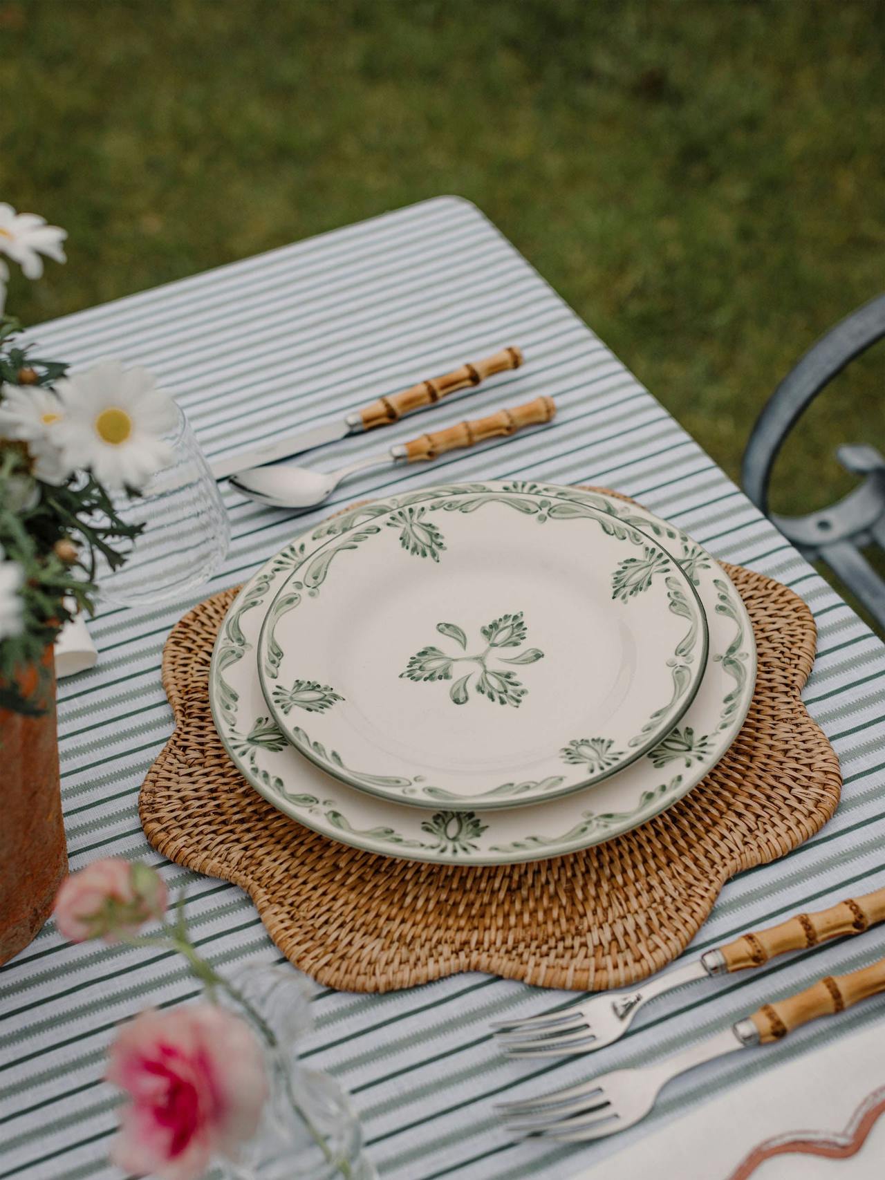 Victoria striped linen tablecloth in chalk & moss green Tablecloth Rebecca Udall    - Collagerie