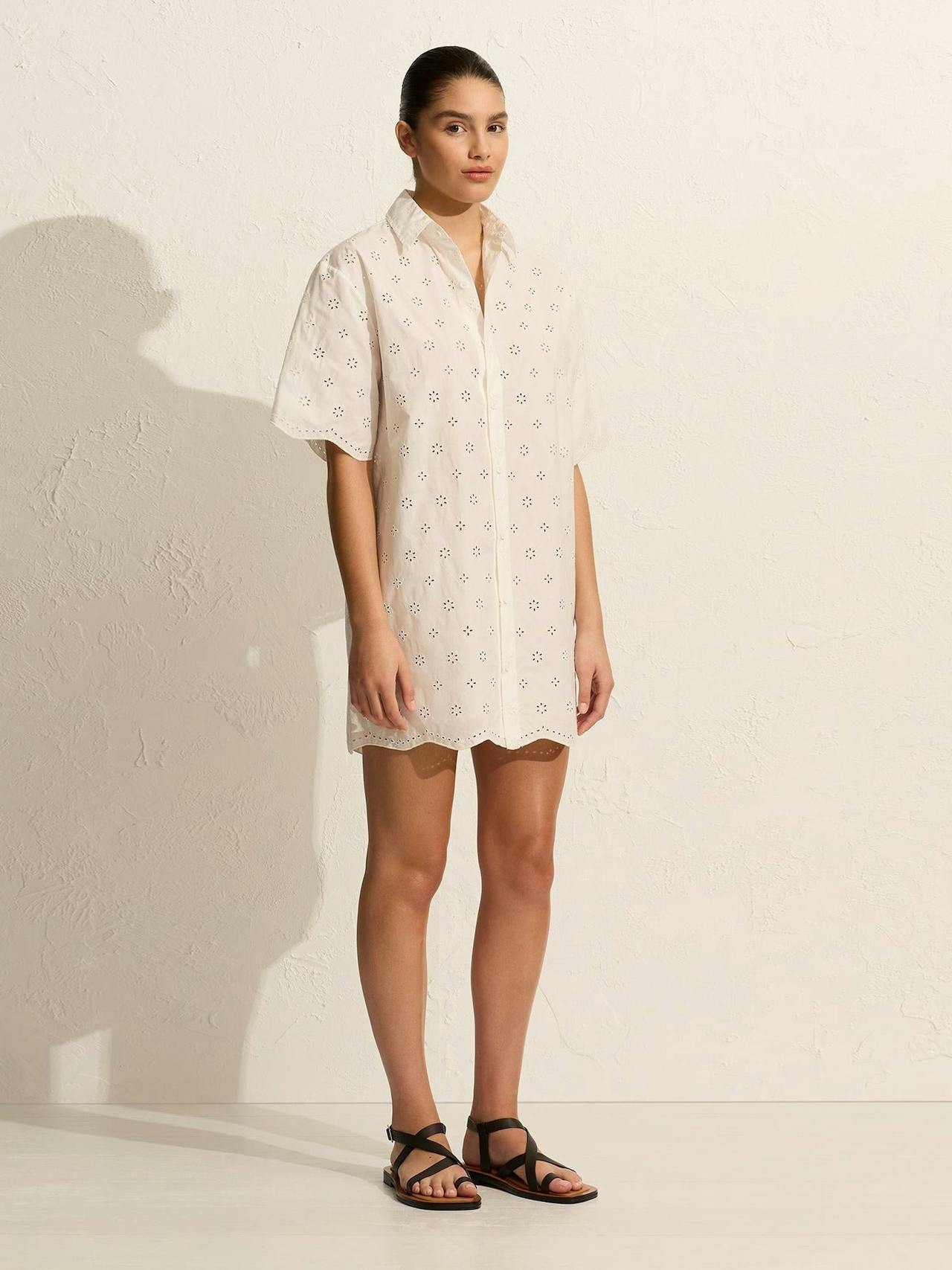 White floral broderie mini shirt dress Womens Apparel - Dresses Matteau    - Collagerie