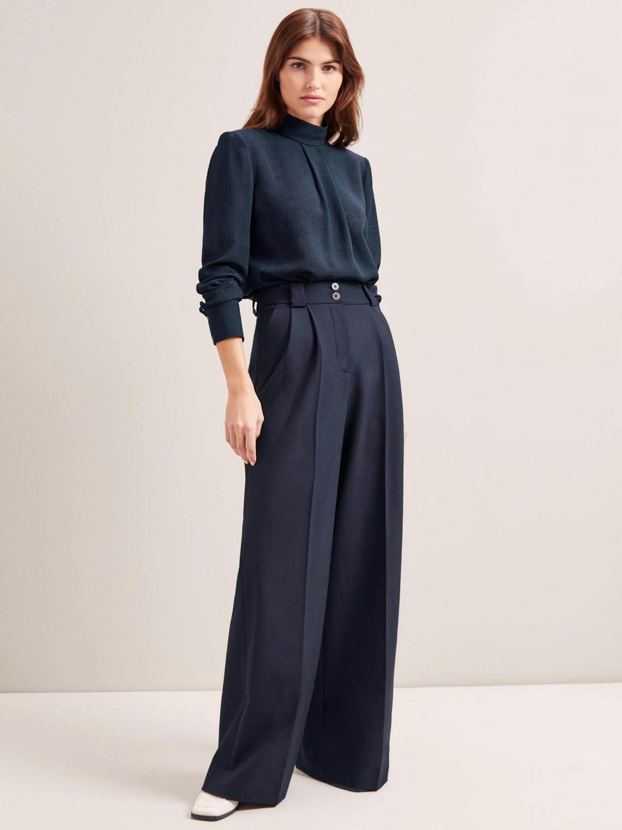 Navy Margot new wool wide leg trousers Trouser Cefinn    - Collagerie