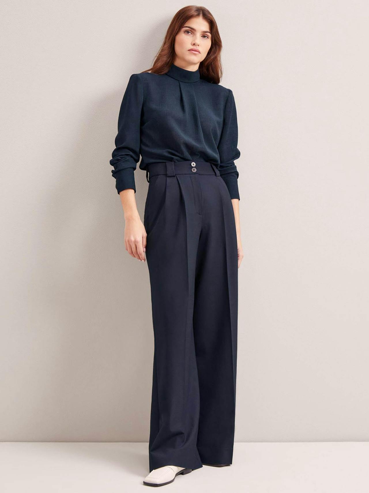 Navy Margot new wool wide leg trousers Trouser Cefinn    - Collagerie