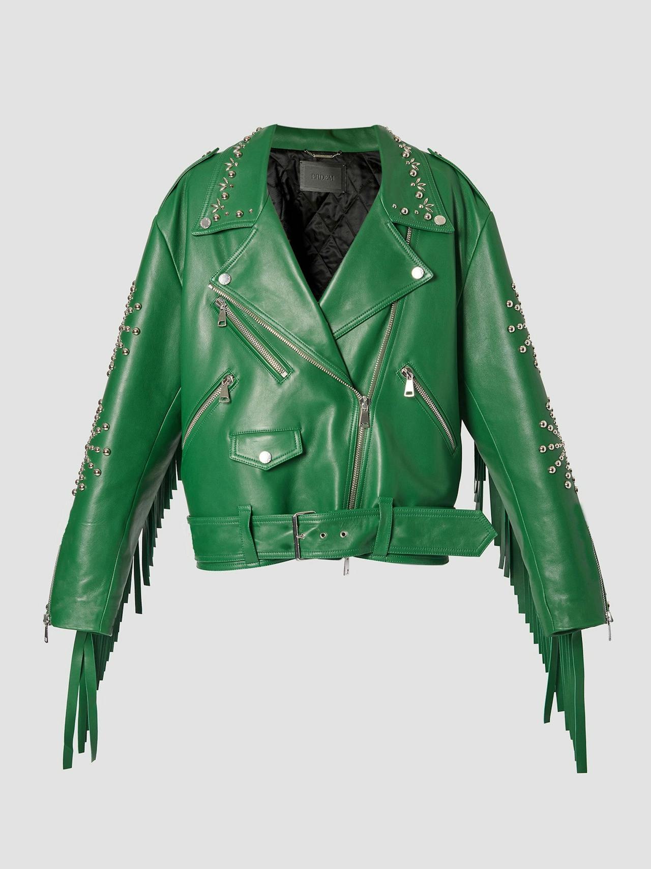 Leather oversized biker jacket in green