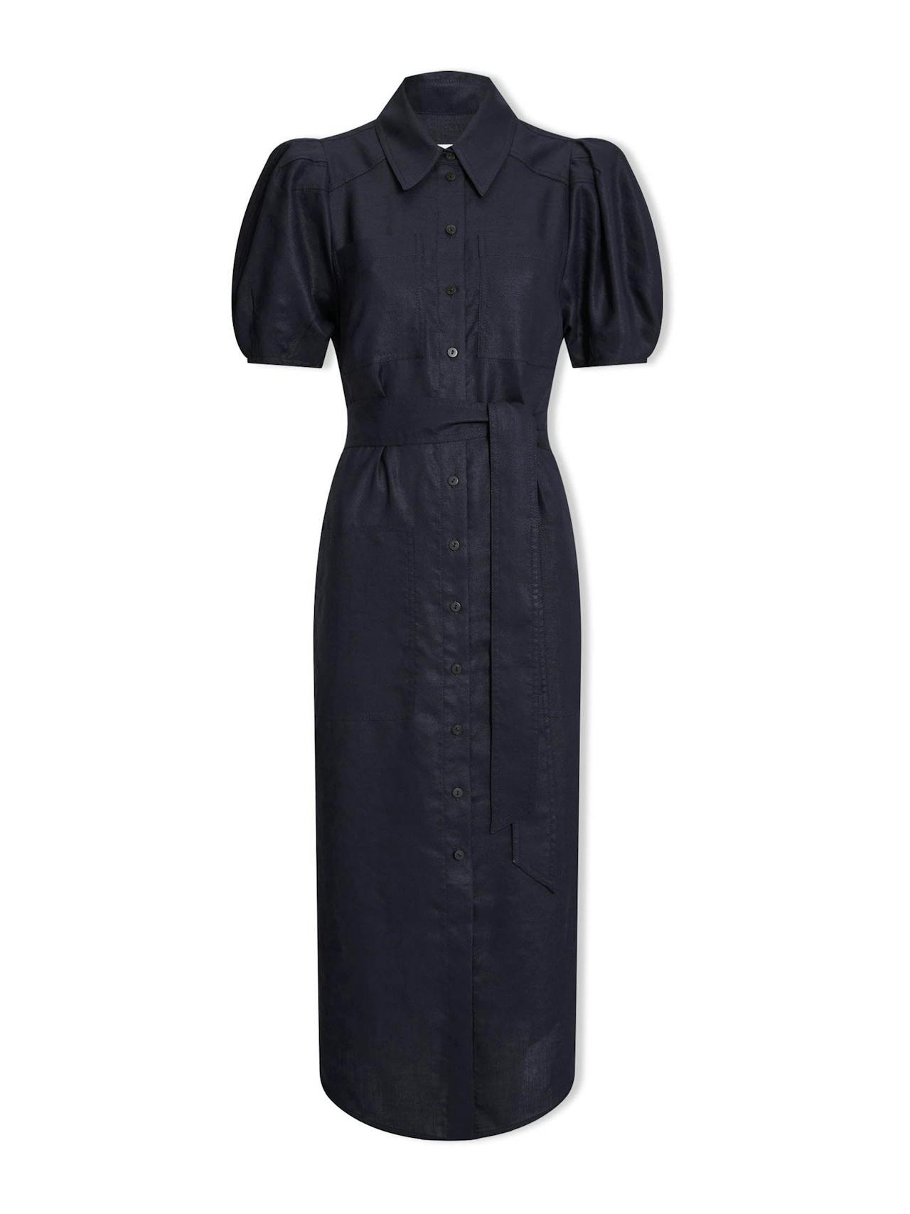 Navy Lyra techni linen maxi shirt dress