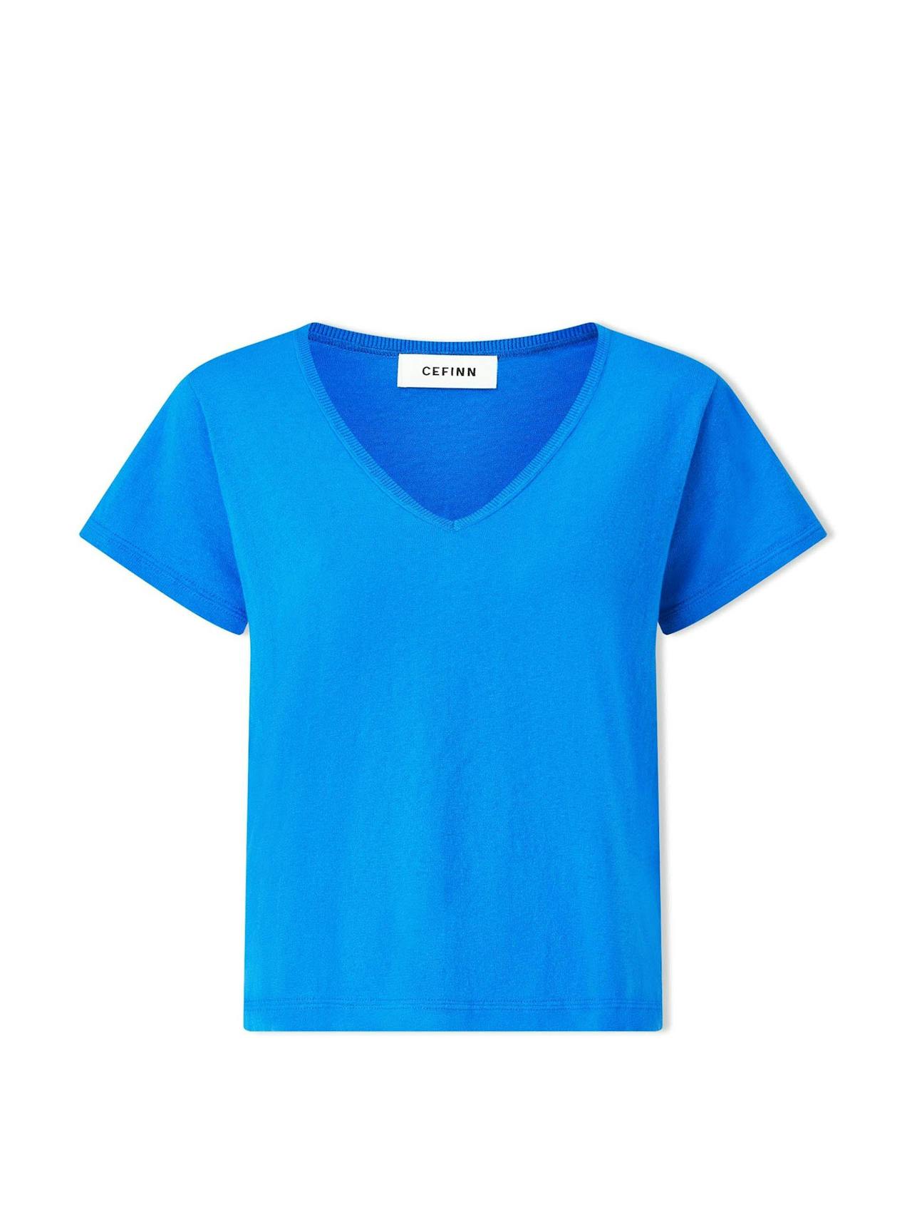 Bright blue Madison linen blend v neck knit t-shirt
