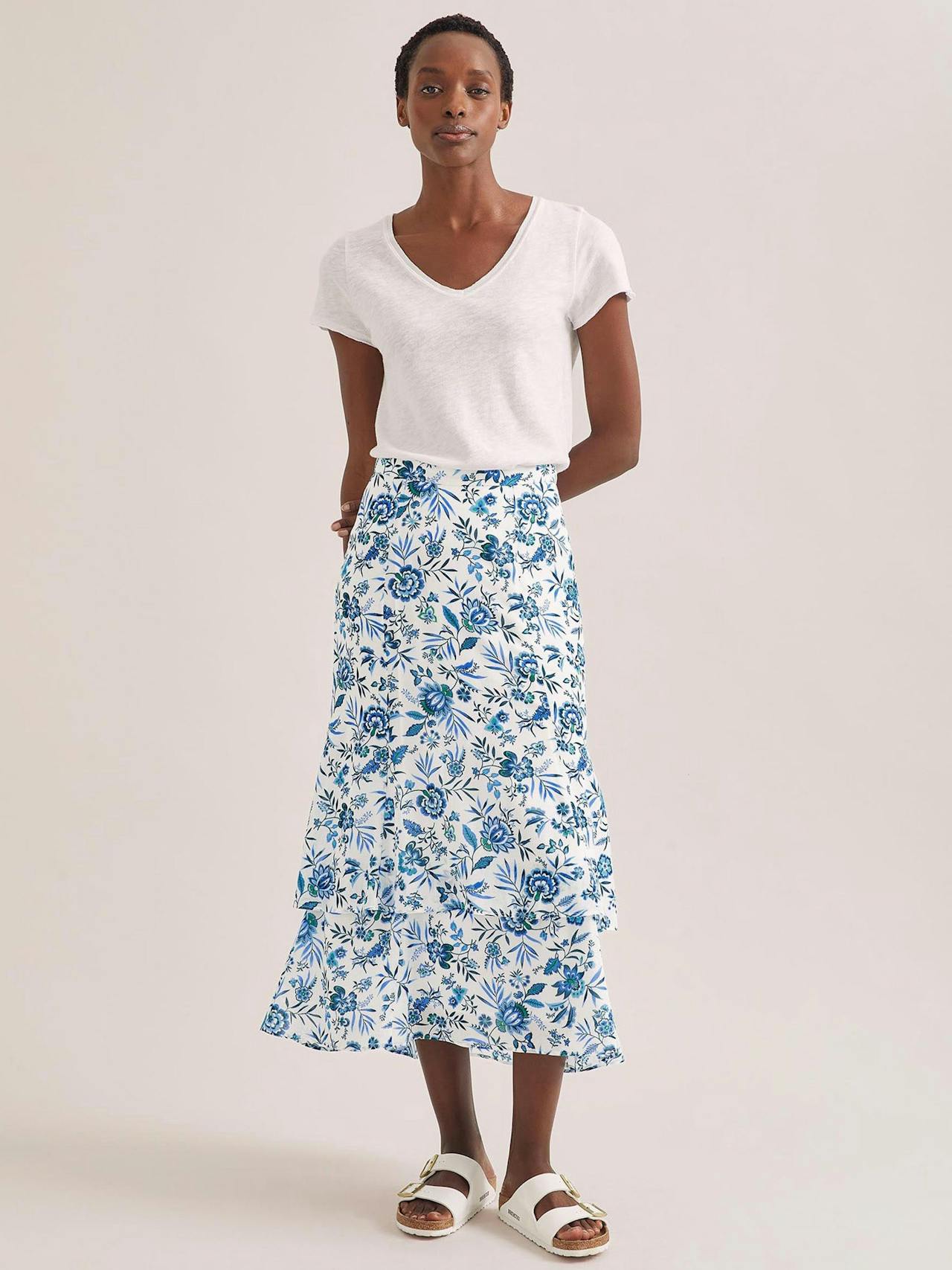 White blue palm floral Lotta cotton blend maxi skirt Skirt Cefinn    - Collagerie