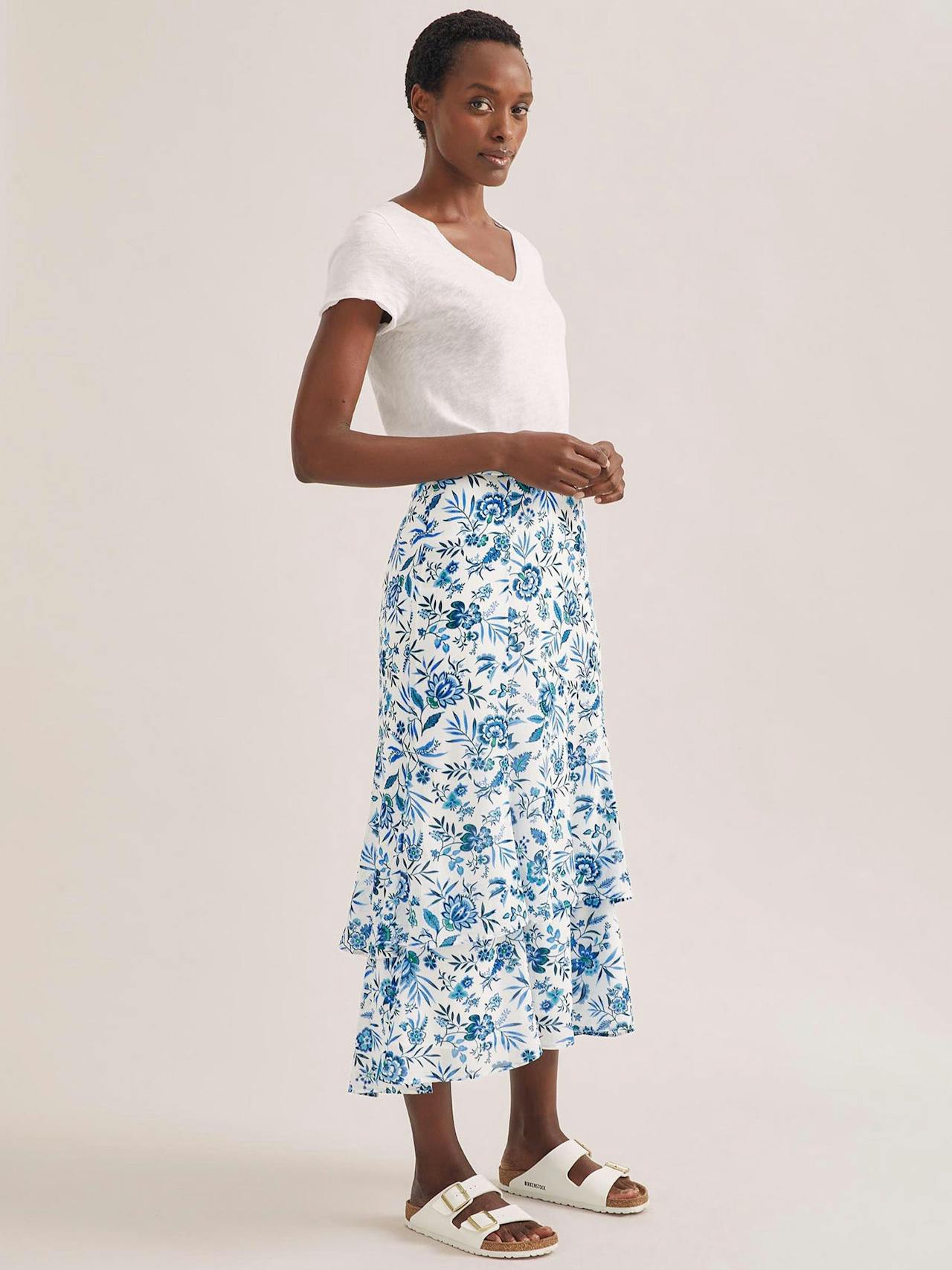 White blue palm floral Lotta cotton blend maxi skirt Skirt Cefinn    - Collagerie