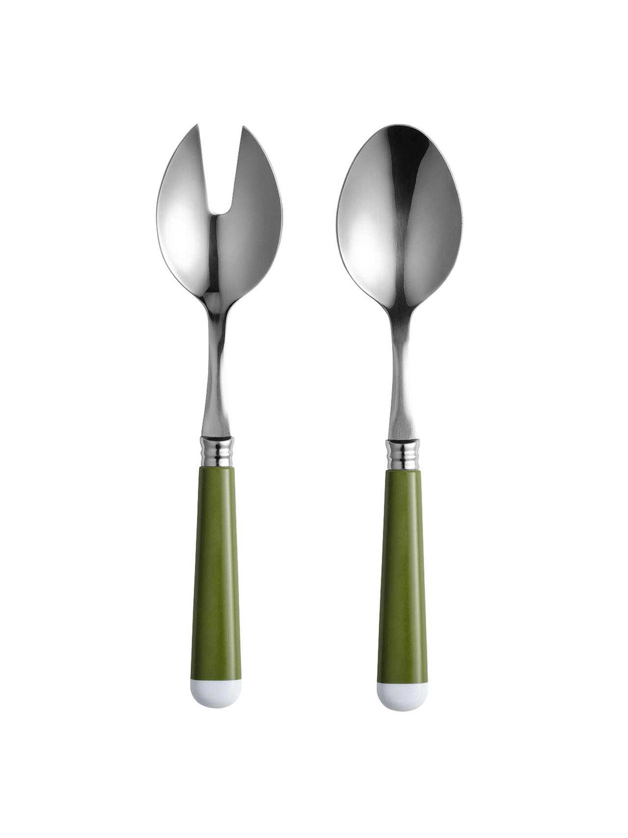 Green and white salad servers