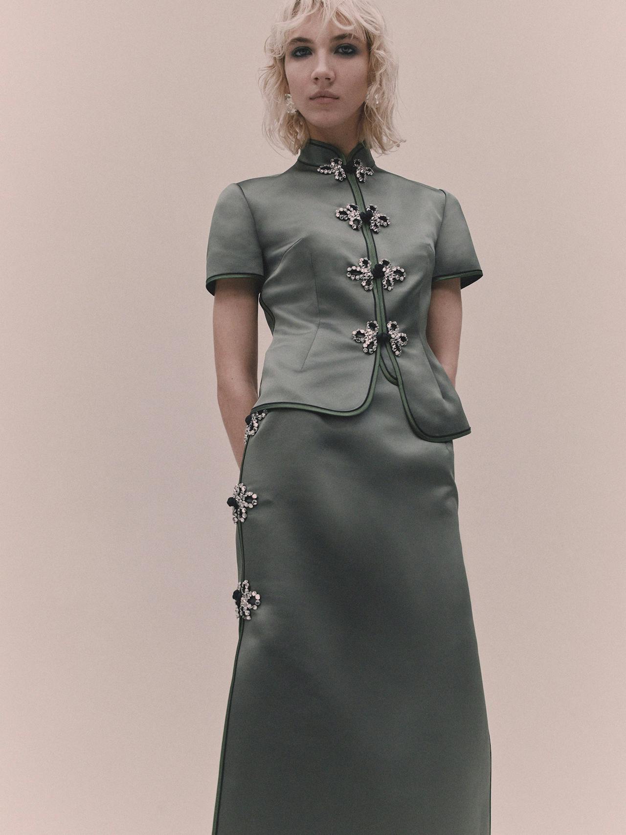 Olive green satin Dario skirt Skirt Huishan Zhang    - Collagerie