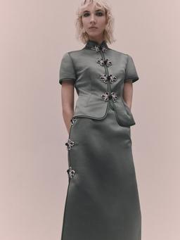 Olive green satin Dario skirt Skirt Huishan Zhang    - Collagerie