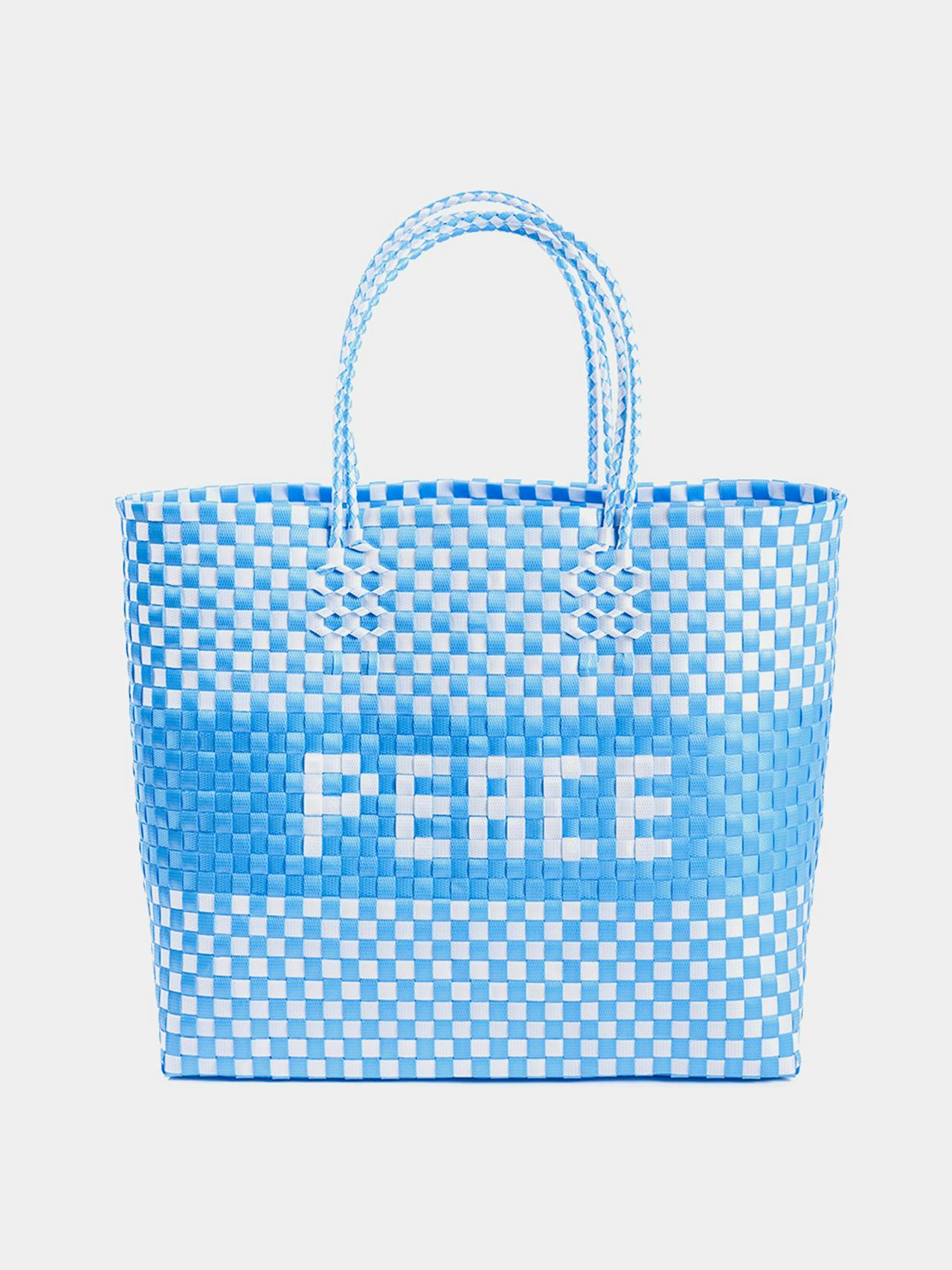 Plastic weave peace shopper in blue & white