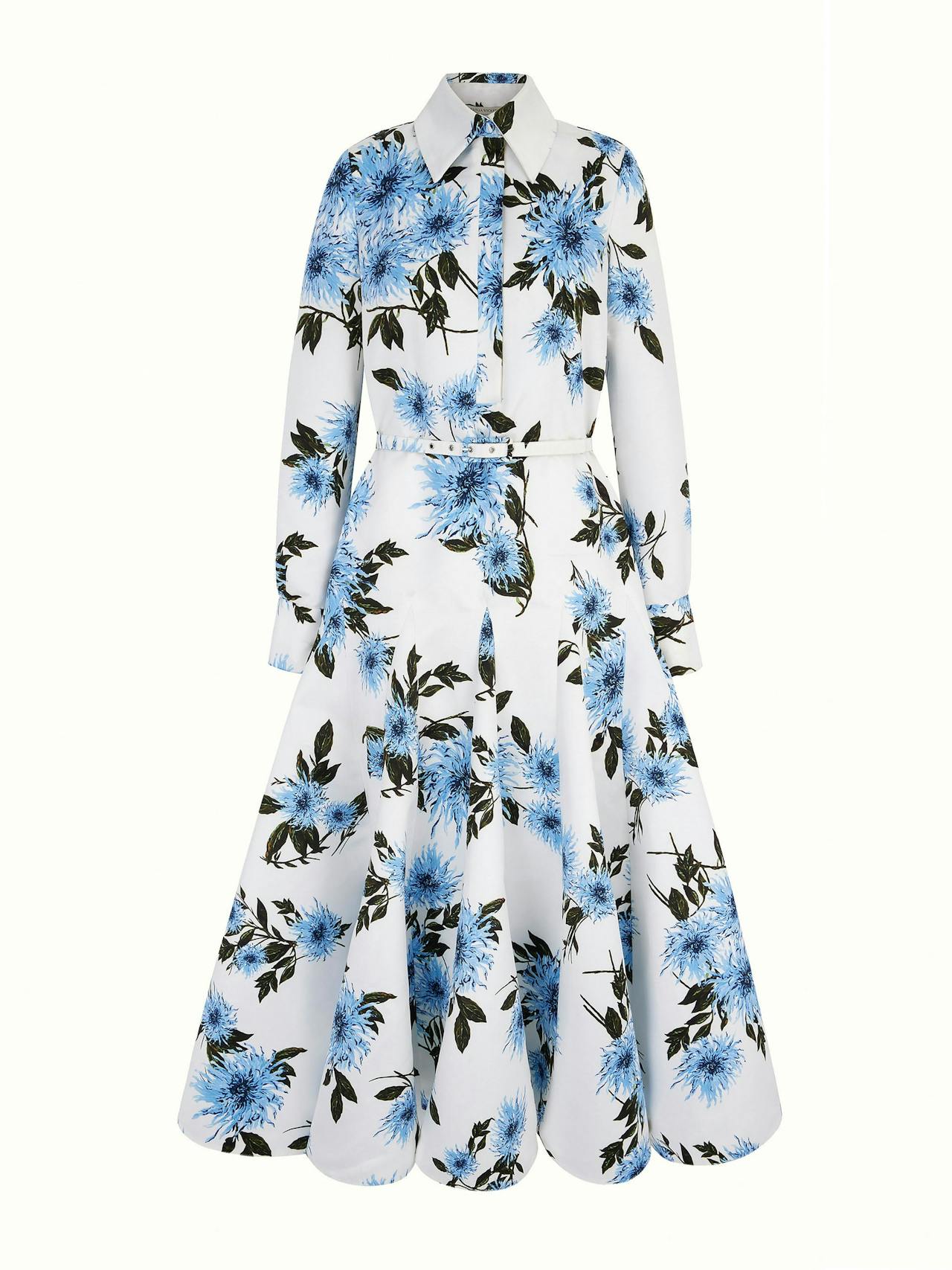 Tomasina dress in blue dahlia floral print taffeta faille