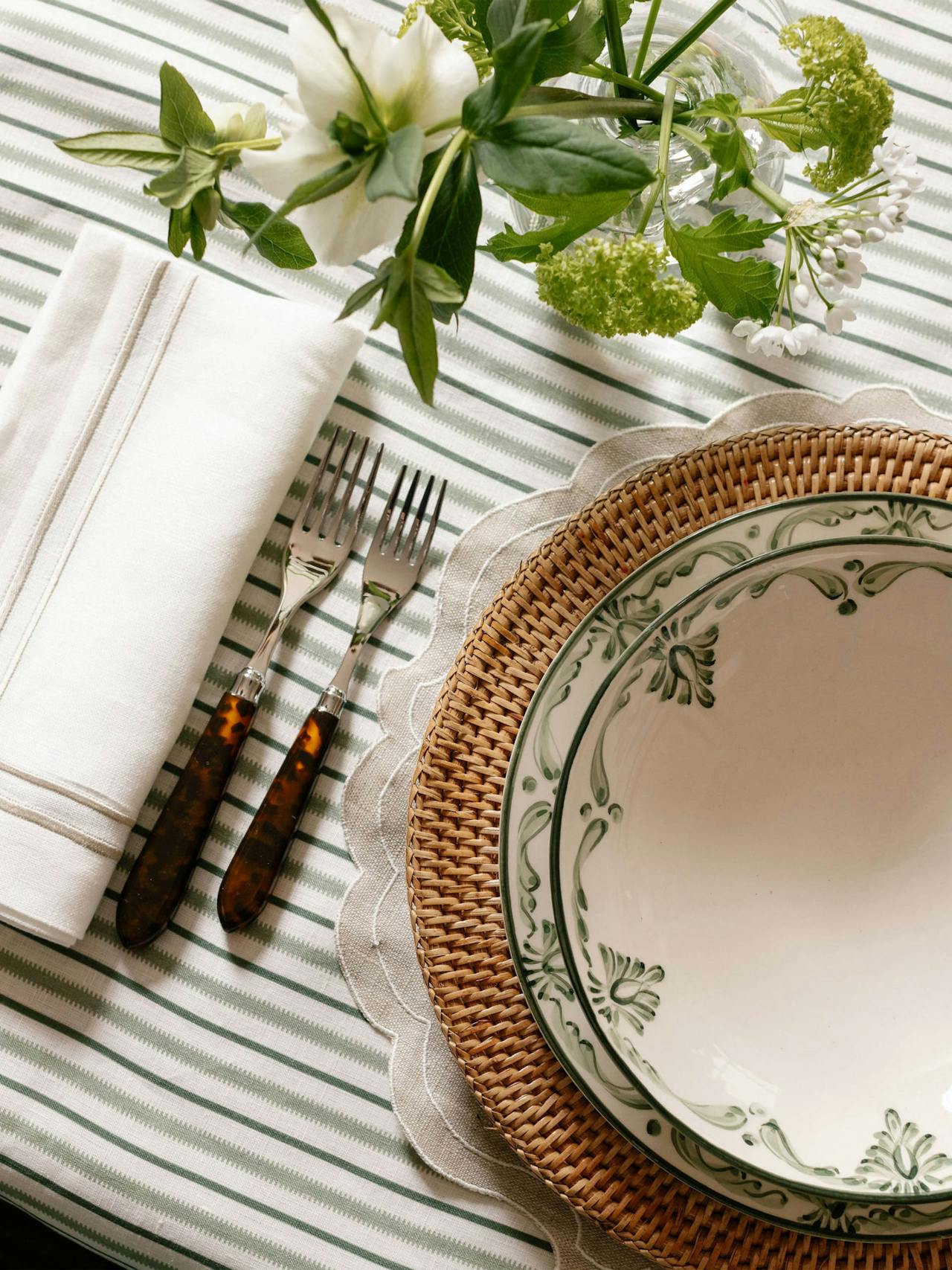 Victoria striped linen tablecloth in chalk & moss green Tablecloth Rebecca Udall    - Collagerie